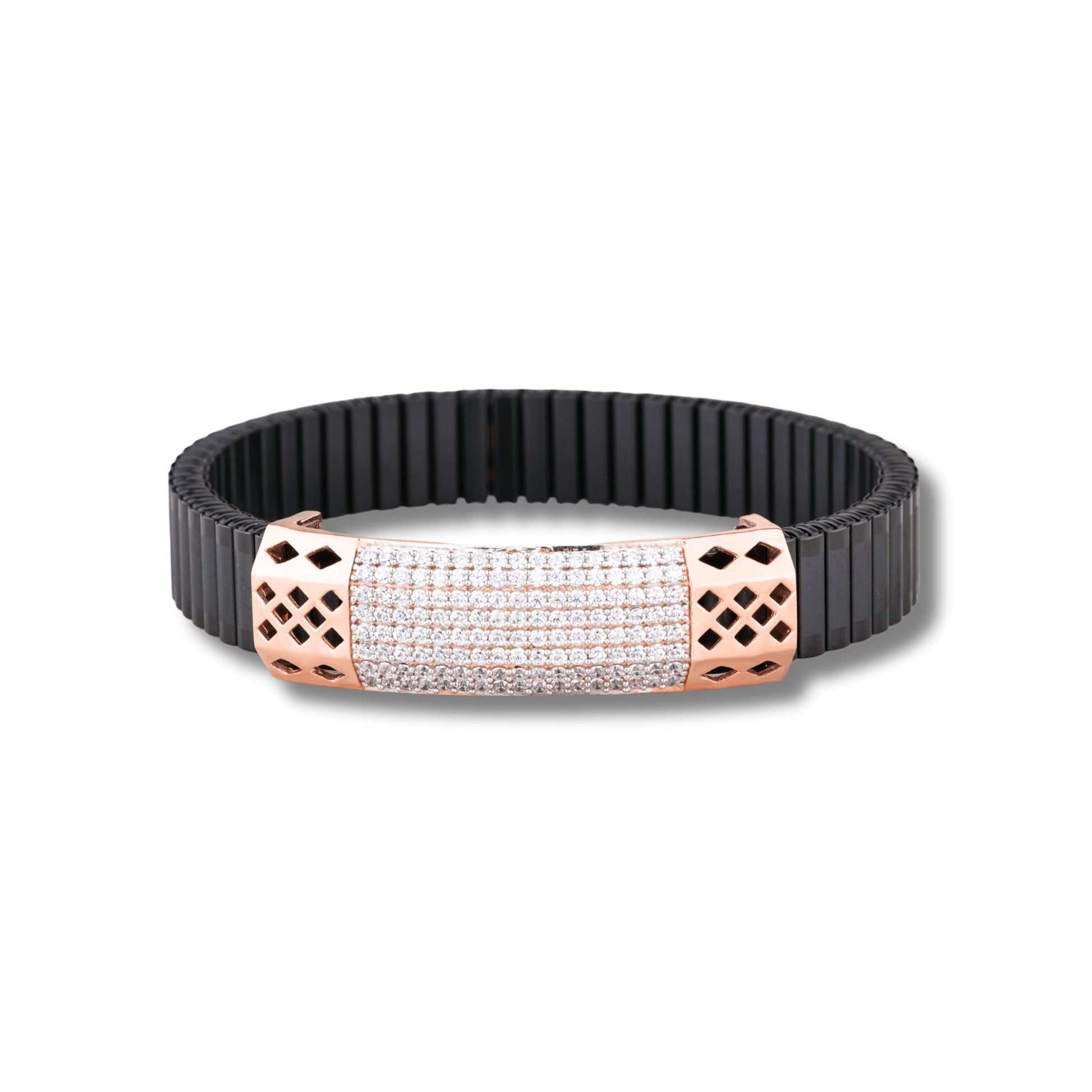 925 Silver Full Diamond & Kaju Katli Design Men's Rolex Bracelet with Rose Gold Pleating