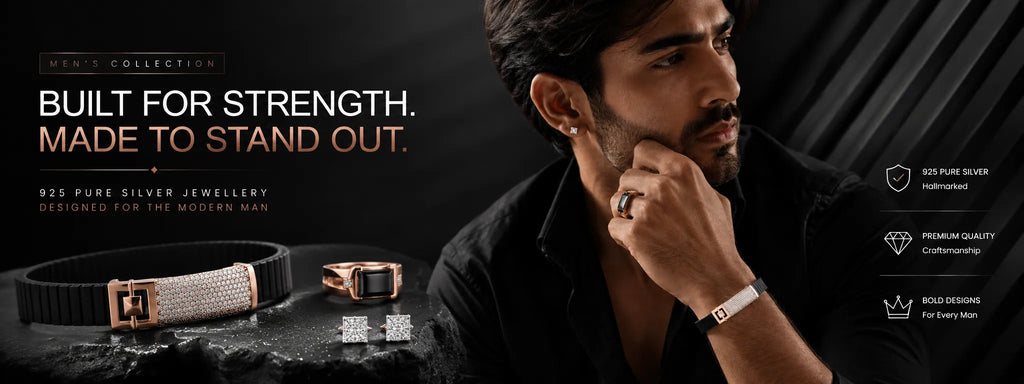 Fashion model wearing Orynio men's 925 sterling silver bracelet, ring and stud earrings.