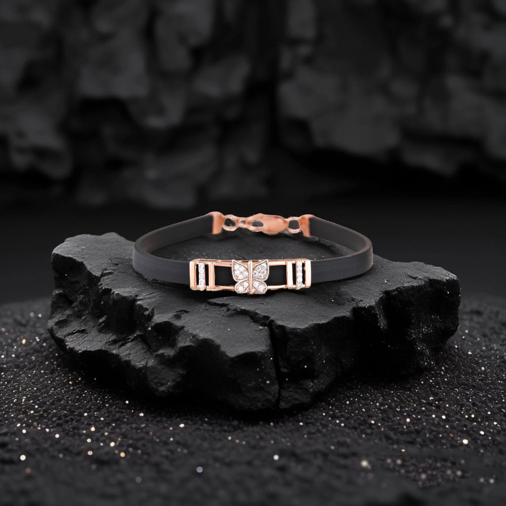 925 Silver Butterfly Design Women's Silicon Bracelet with Rose Gold Plating