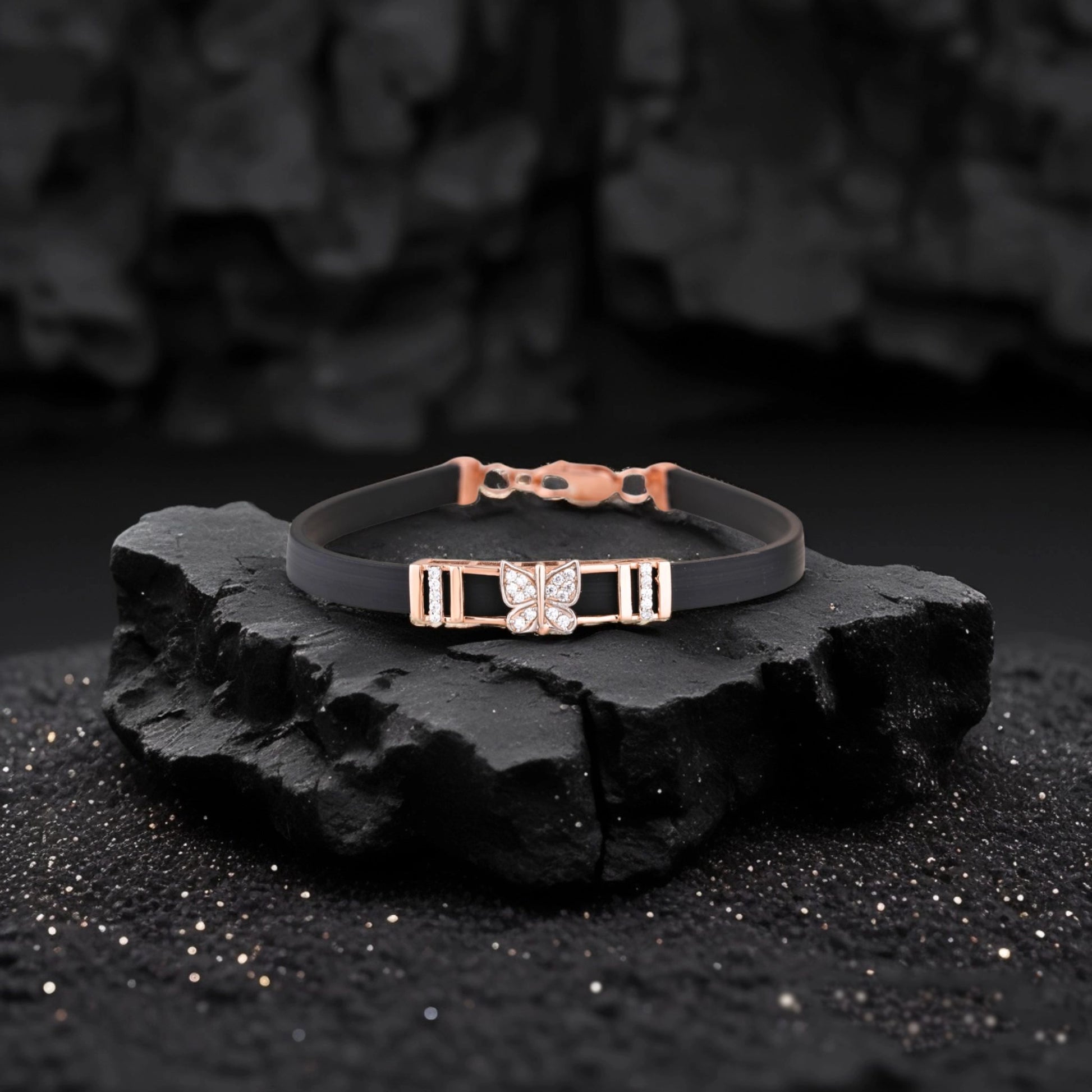 925 Silver Butterfly Design Women's Silicon Bracelet with Rose Gold Plating