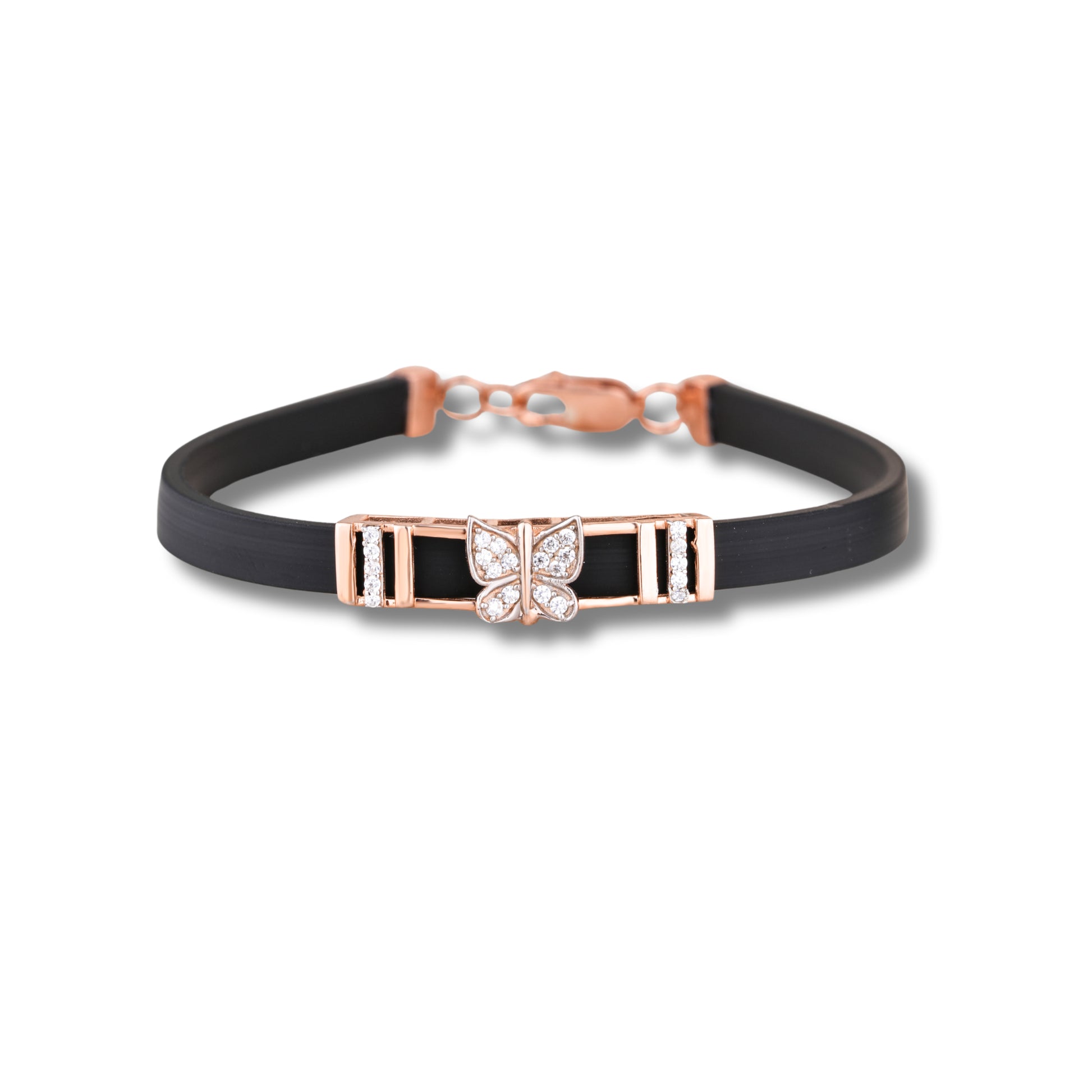 925 Silver Butterfly Design Women's Silicon Bracelet with Rose Gold Plating