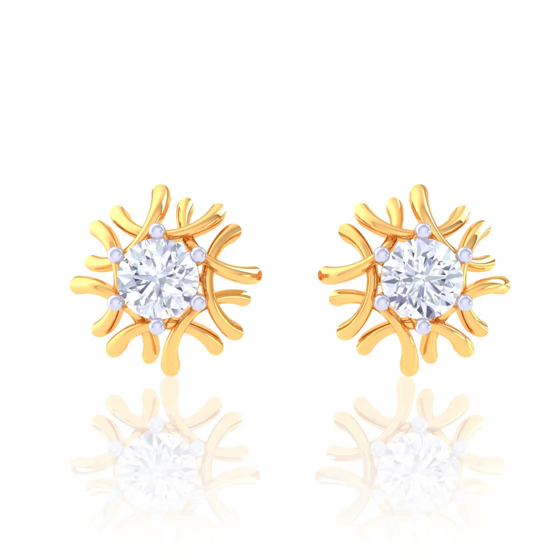 Floral Golden Diamond Stud Earrings - Unique Sunburst Design