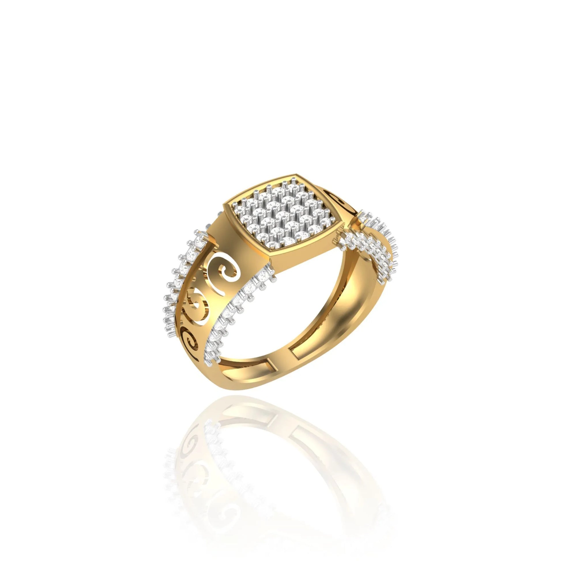 925 Silver Gold-Plated Men's Ring with Square CZ Diamond and Designer Cutwork