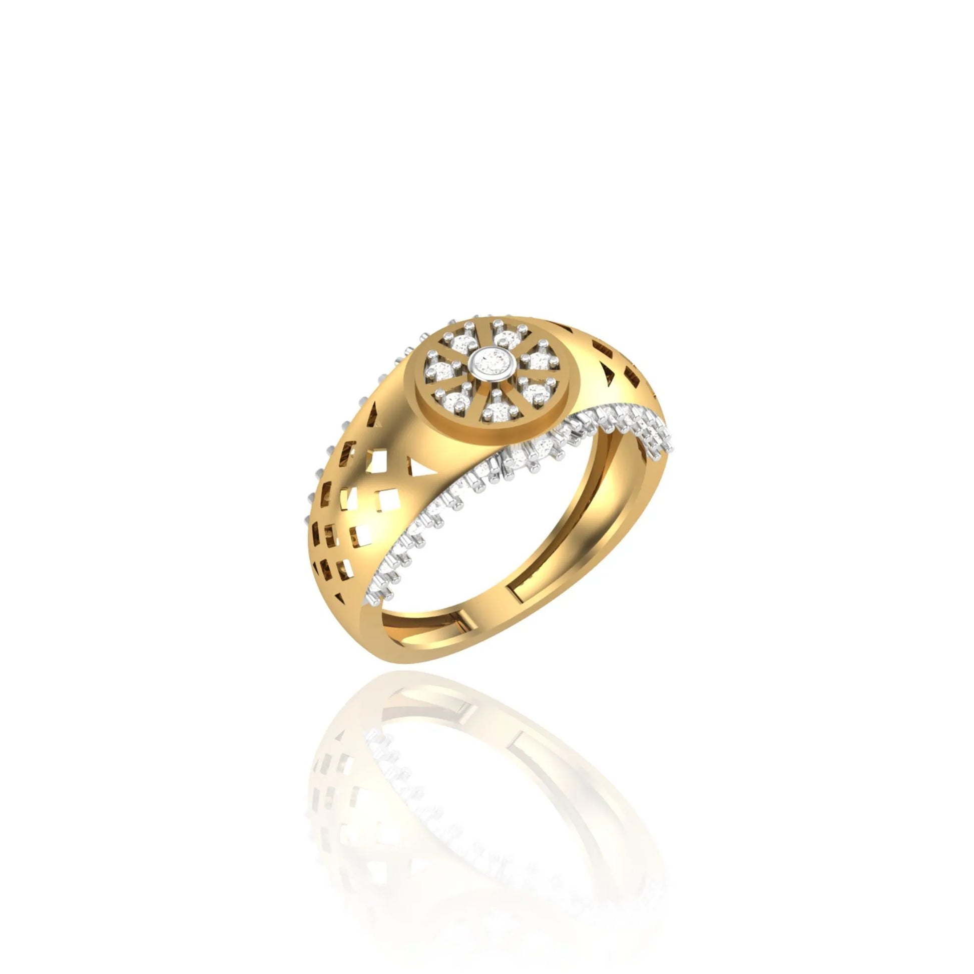 925 Silver Gold-Plated Men's Ring with Wheel Spoke Design & CZ Diamonds