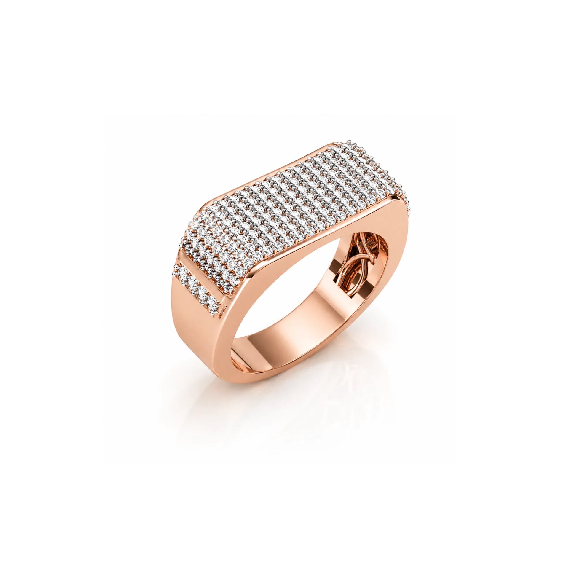 Rose gold ring with diamond accents on a white background