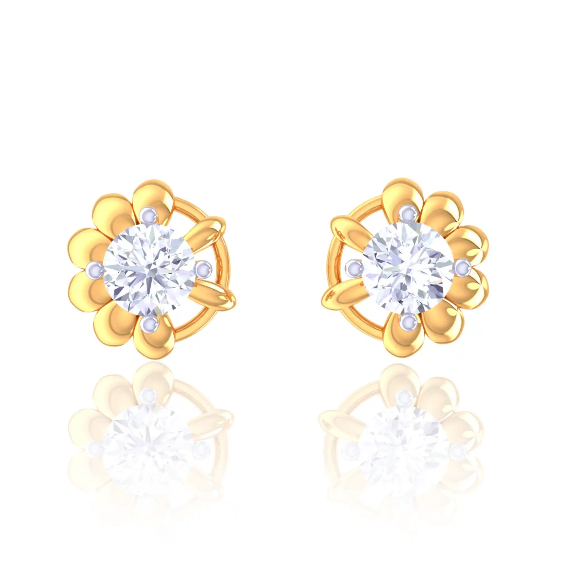 Floral Golden Diamond Stud Earrings - Elegant Flower Design