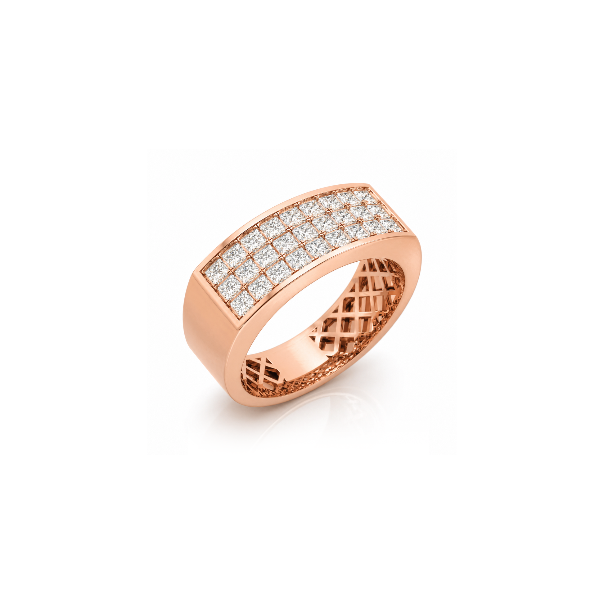 Rose gold ring with diamond accents on a white background