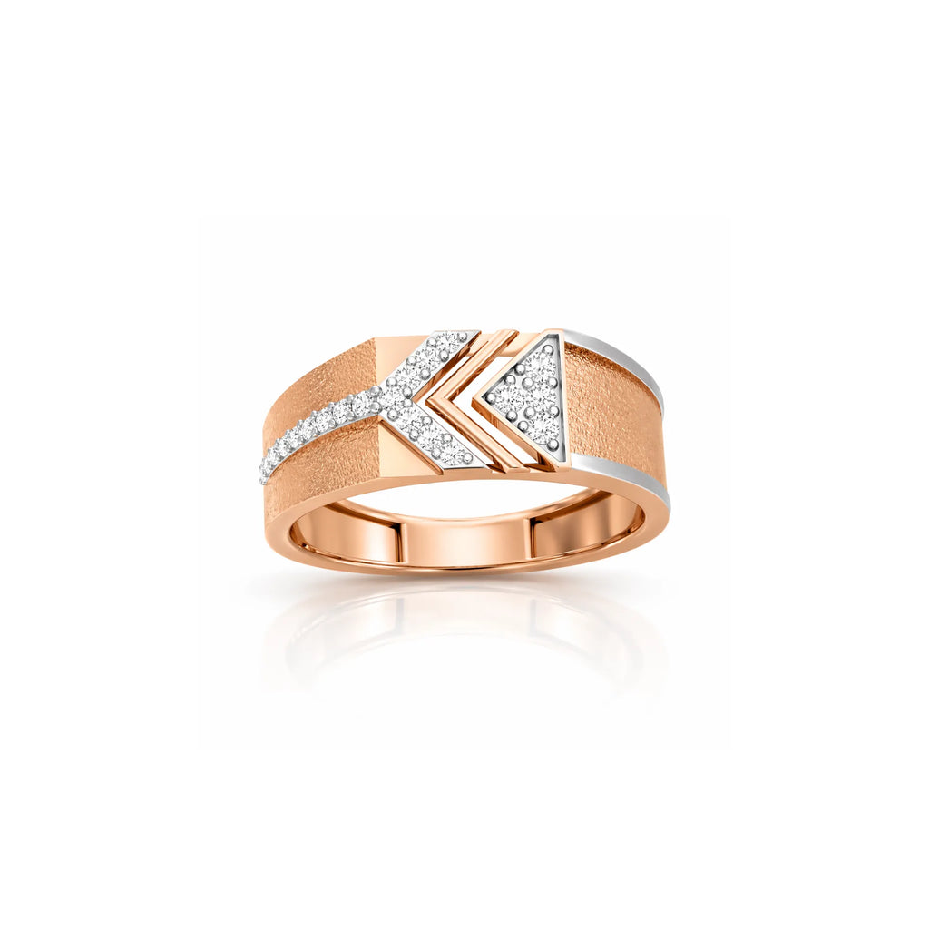 Rose gold ring with diamond accents on a white background