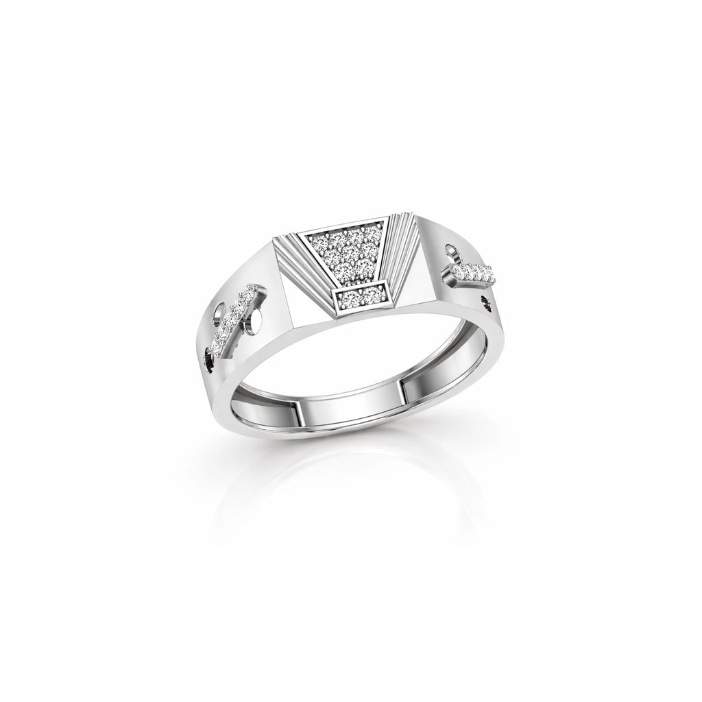 Silver ring with diamond accents on a white background