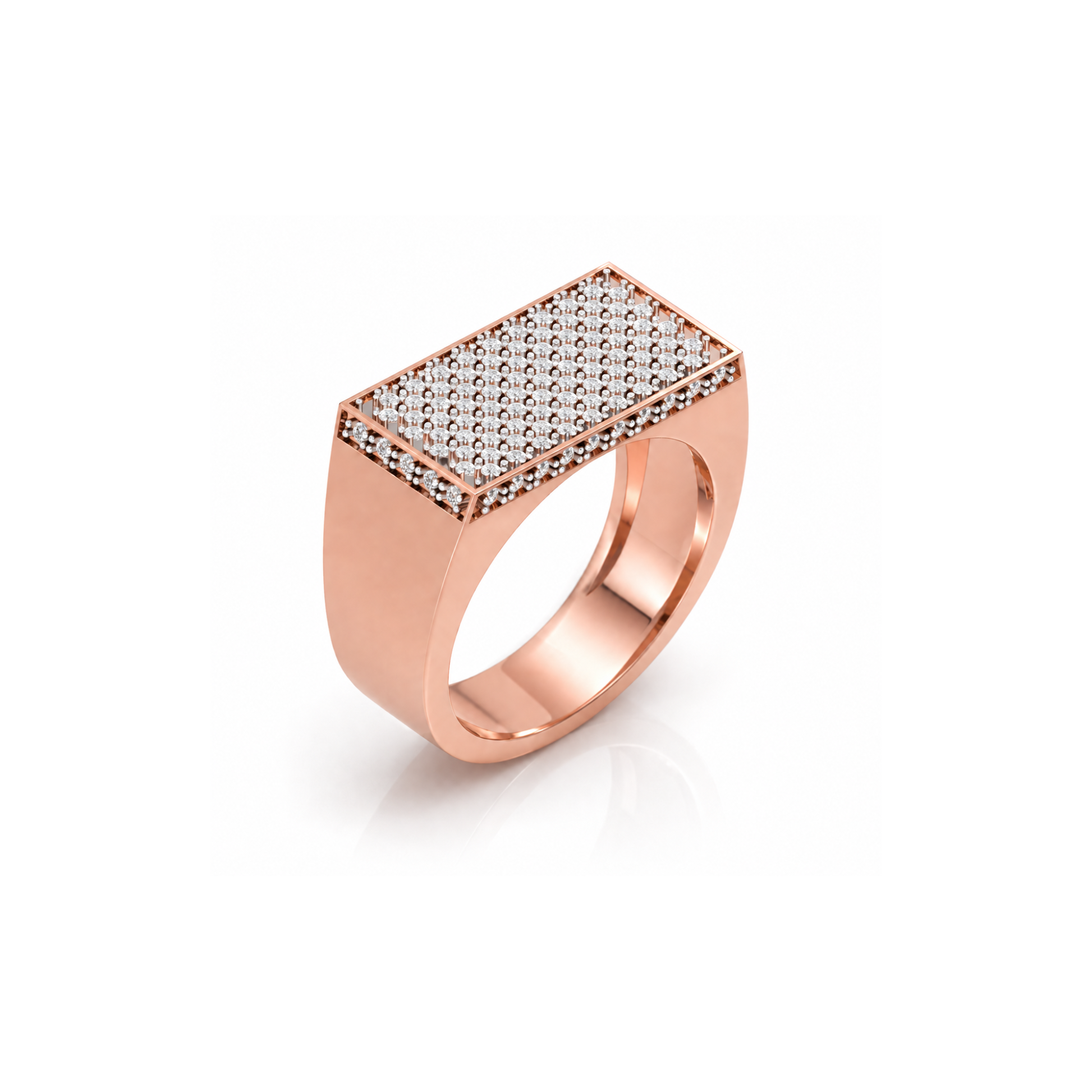 Rose gold ring with diamond-studded band on a white background