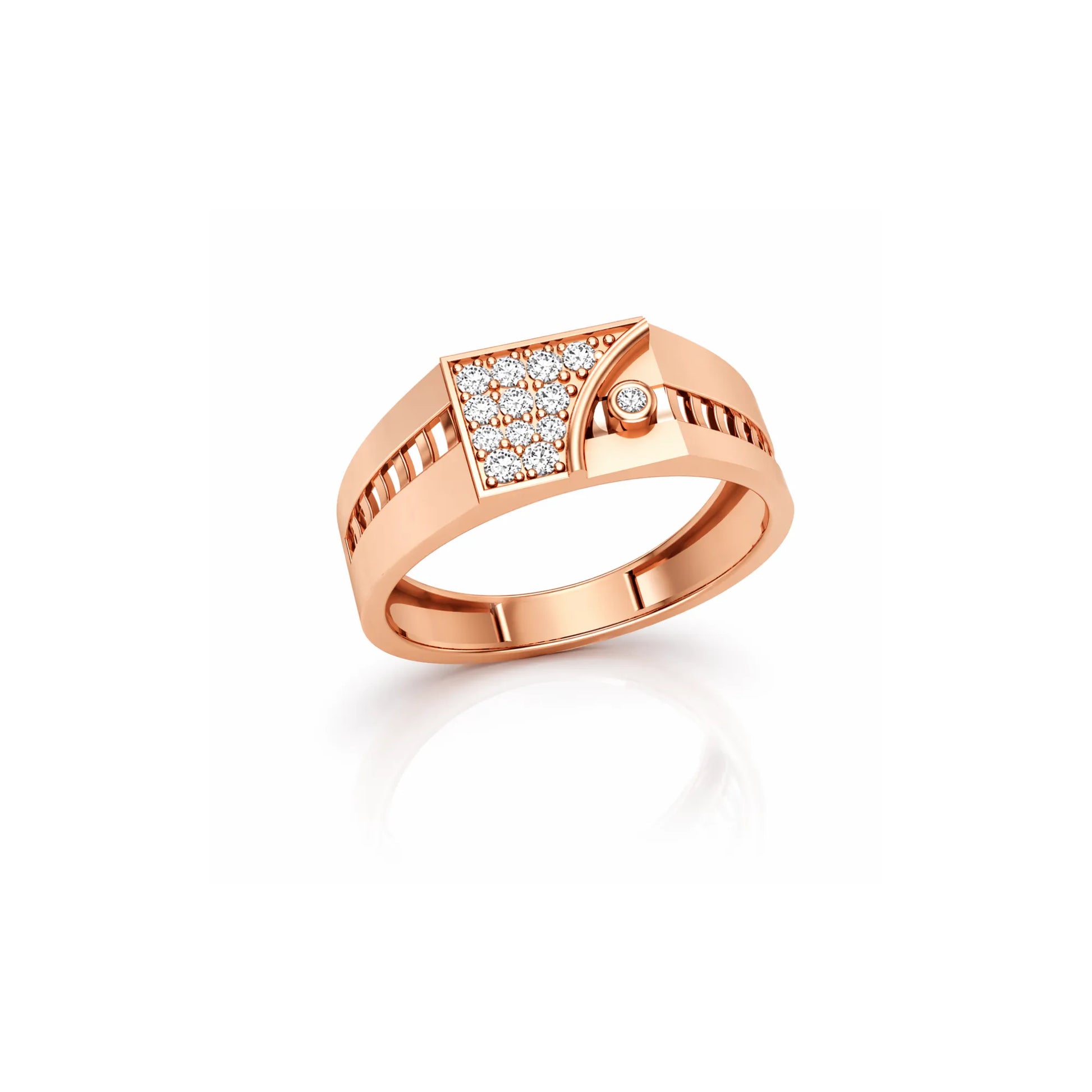 Rose gold ring with diamond accents on a white background
