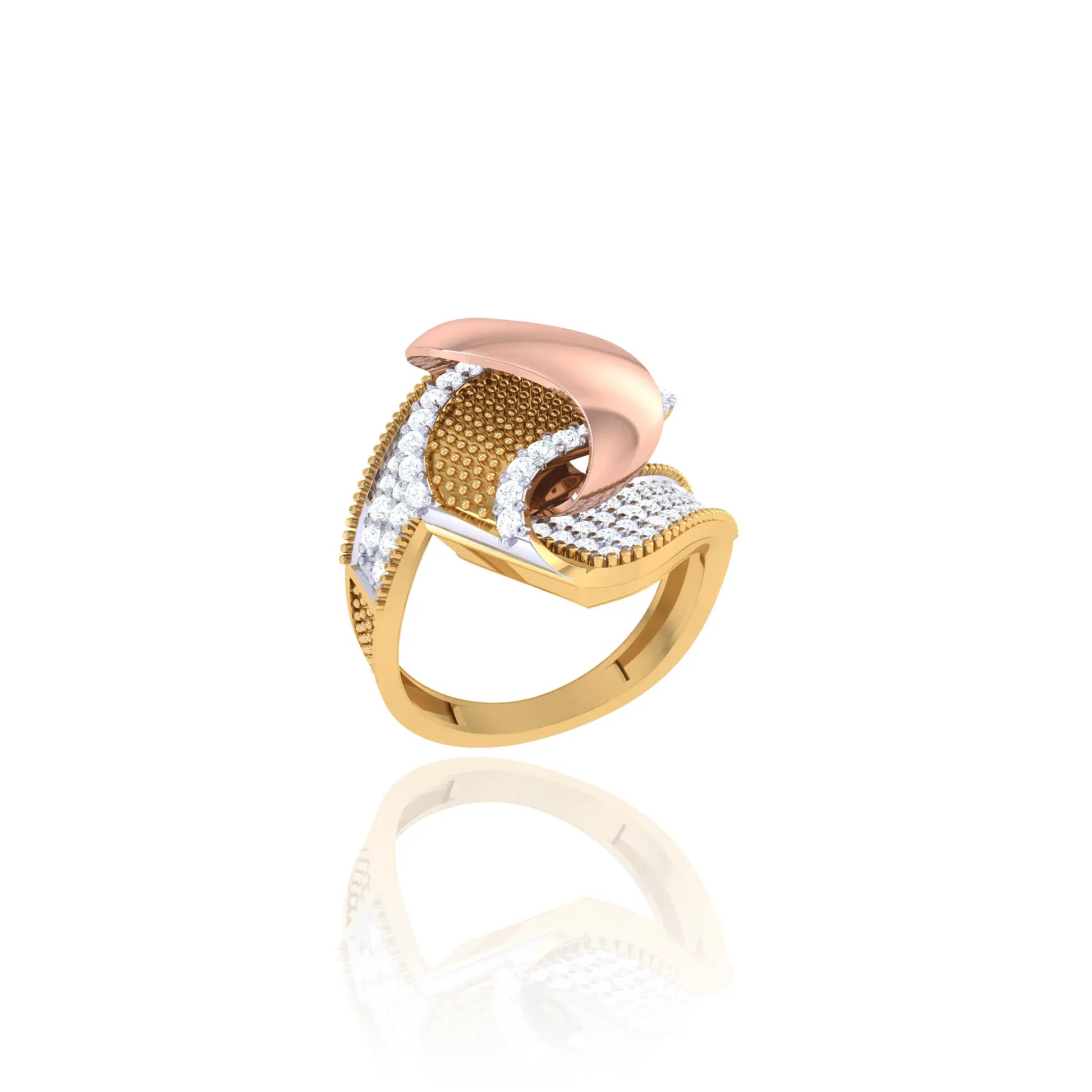 925 Silver Rose Gold Leaf Motif Diamond Textured Ring for Women