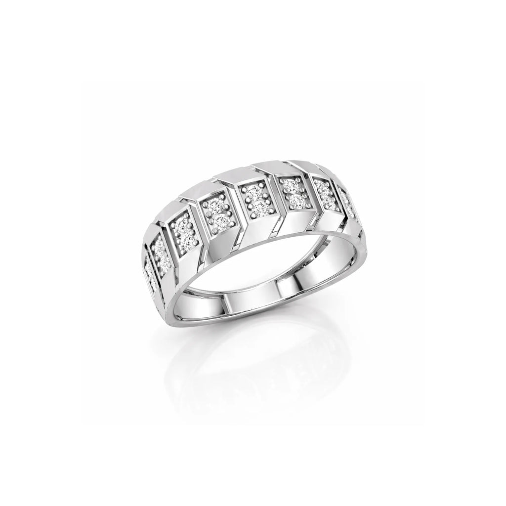 Silver ring with embedded diamonds on a white background