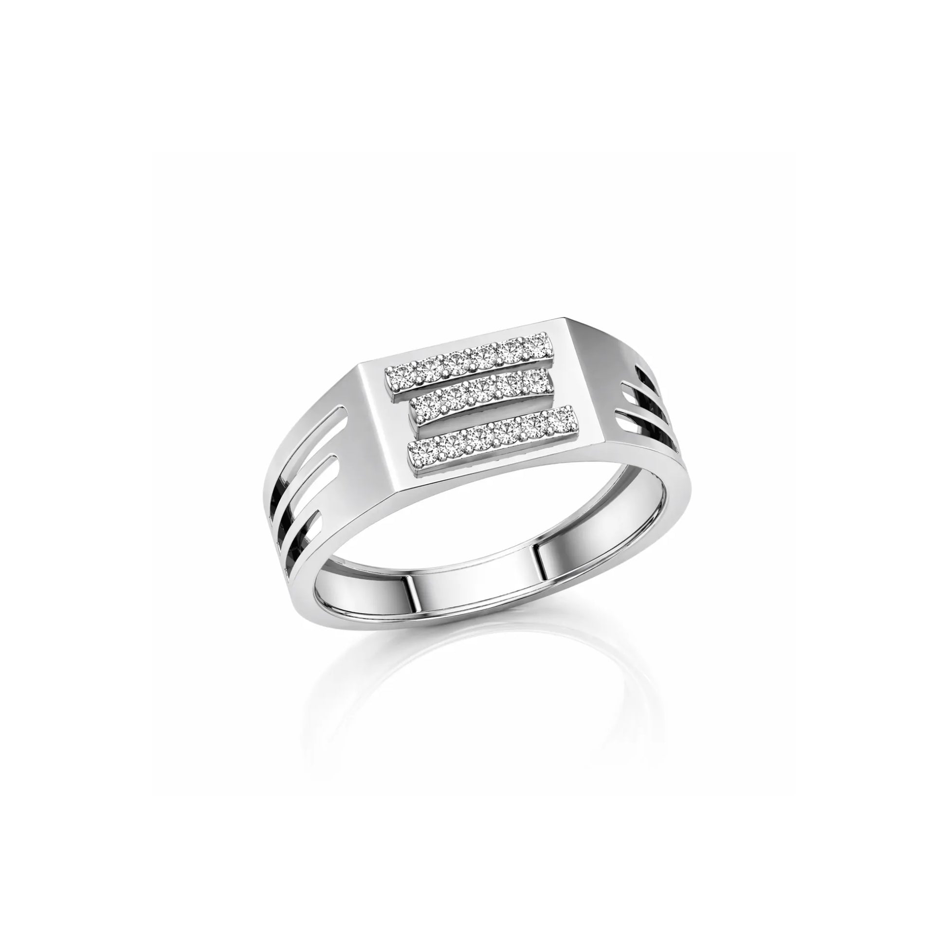 Silver ring with diamond accents on a white background
