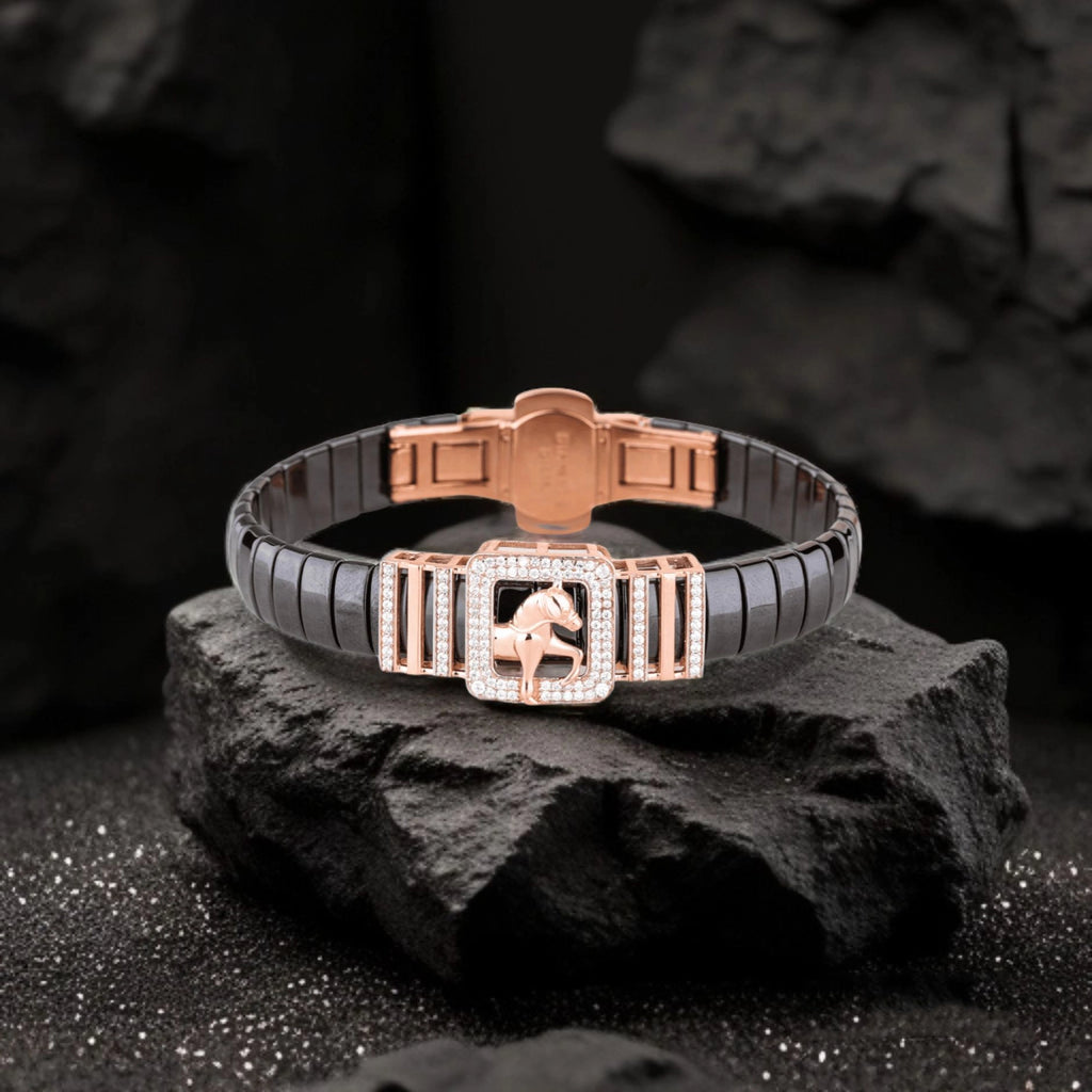 925 Silver Horse Design Rose Gold Men's Ceramic Bracelet