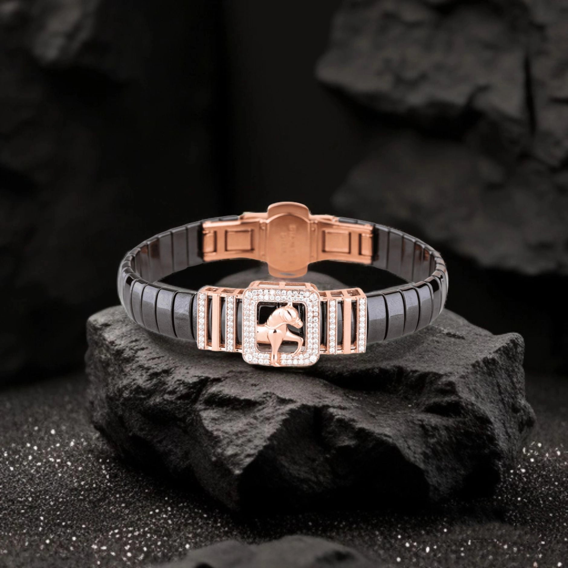925 Silver Horse Design Rose Gold Men's Ceramic Bracelet