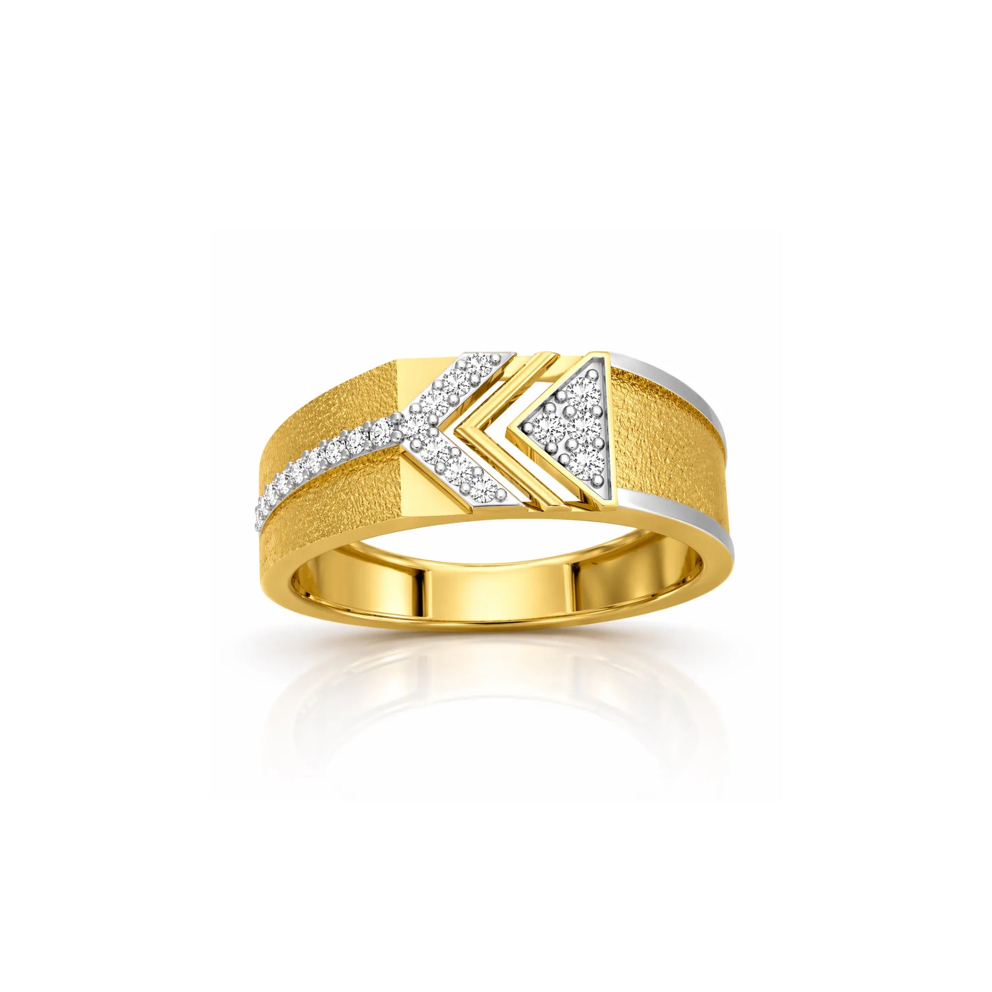 Gold ring with diamond accents on a white background