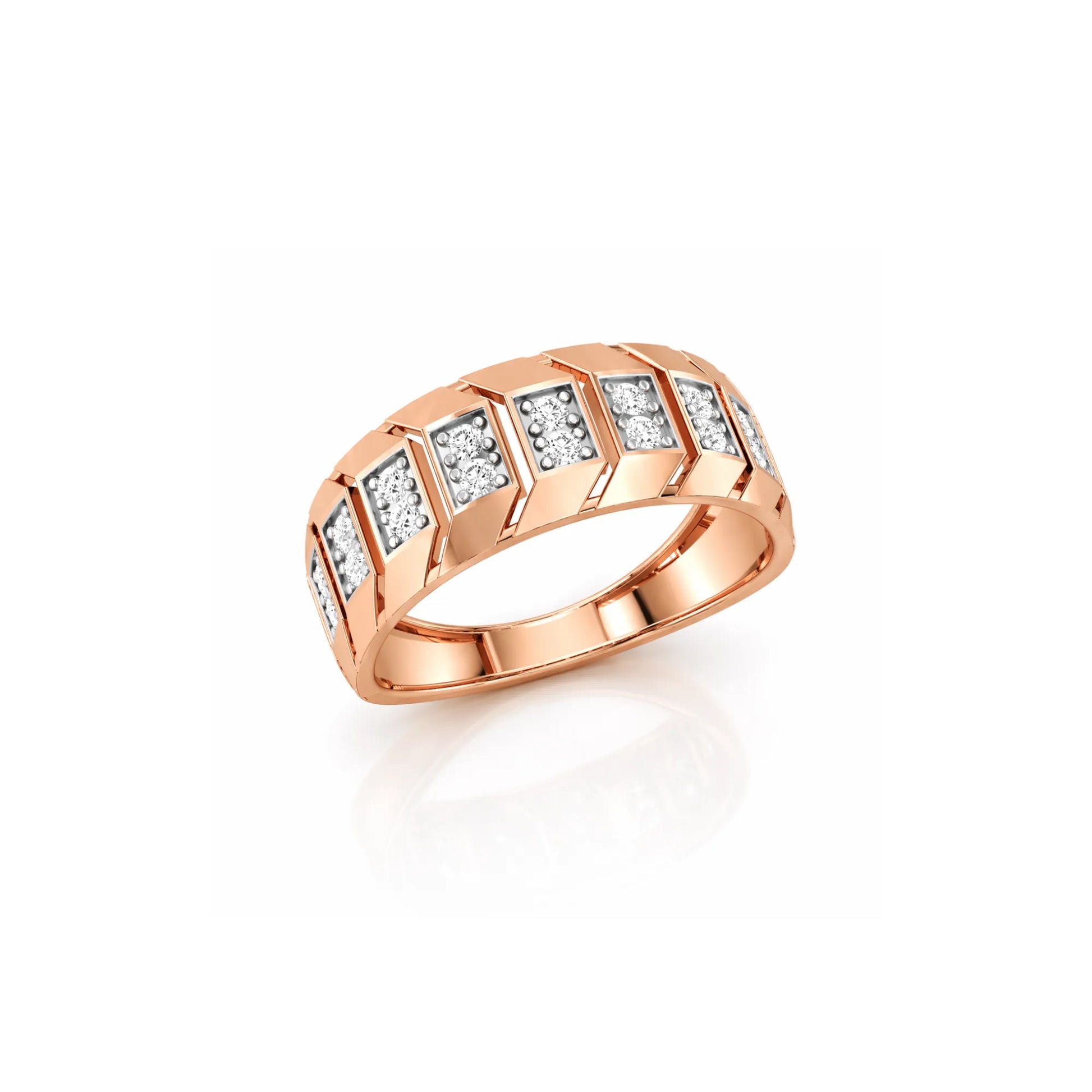 Rose gold ring with diamonds on a white background