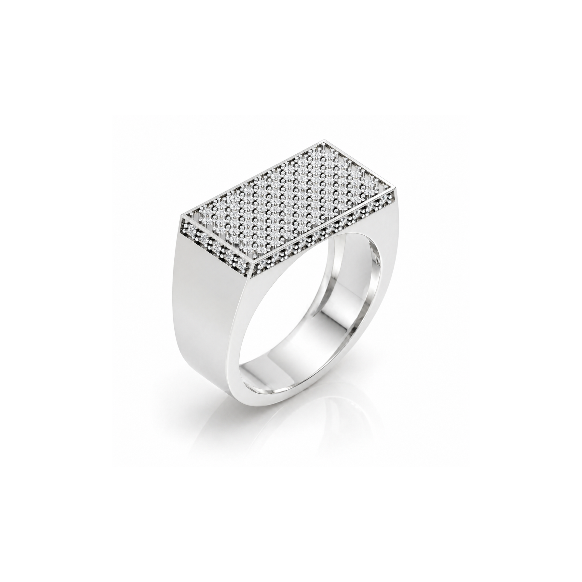 Silver ring with a rectangular diamond pavé design on a white background