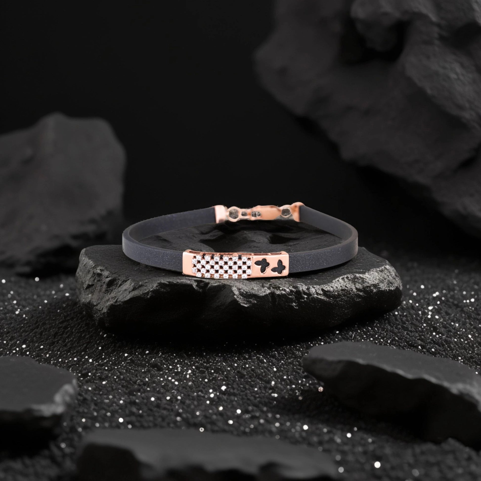 925 Silver Butterfly Design Rose Gold Pleated Women's Silicon Bracelet with Leather