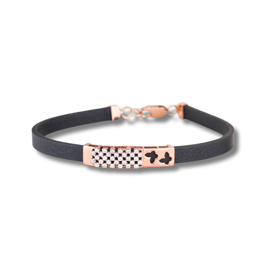 925 Silver Butterfly Design Rose Gold Pleated Women's Silicon Bracelet with Leather