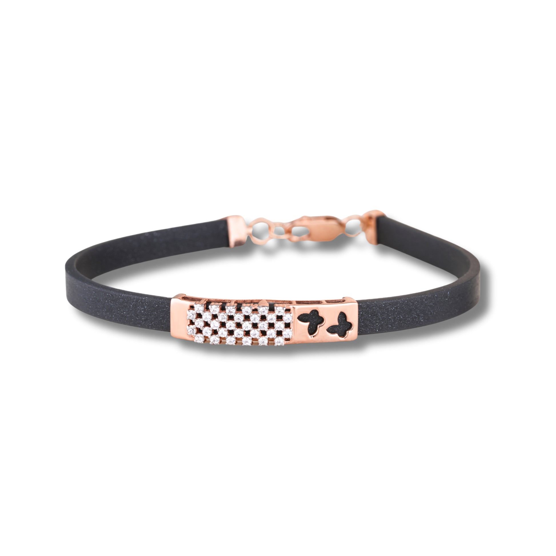 925 Silver Butterfly Design Rose Gold Pleated Women's Silicon Bracelet with Leather