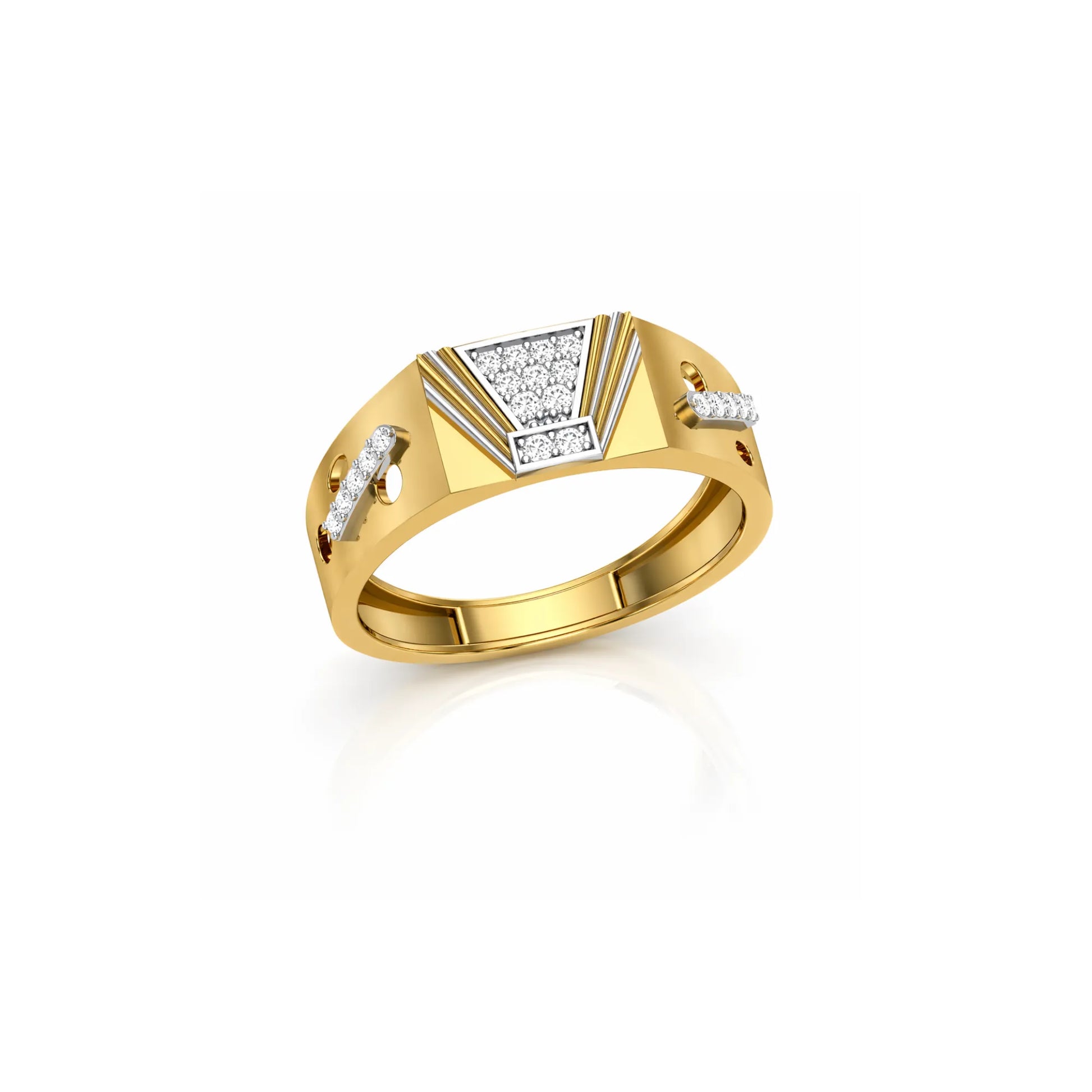 Gold ring with diamond accents on a white background