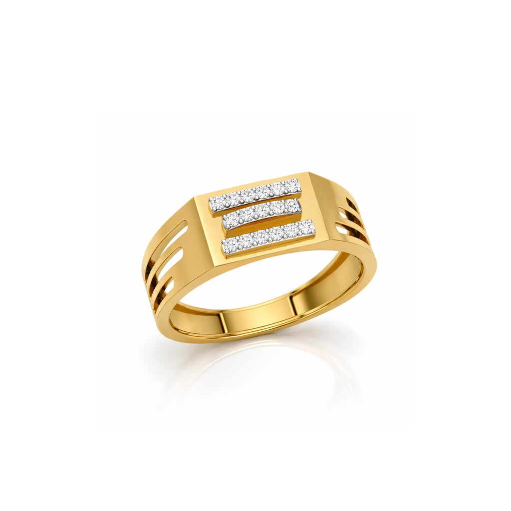 Gold ring with diamond accents on a white background