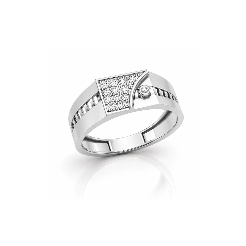Silver ring with diamond accents on a white background