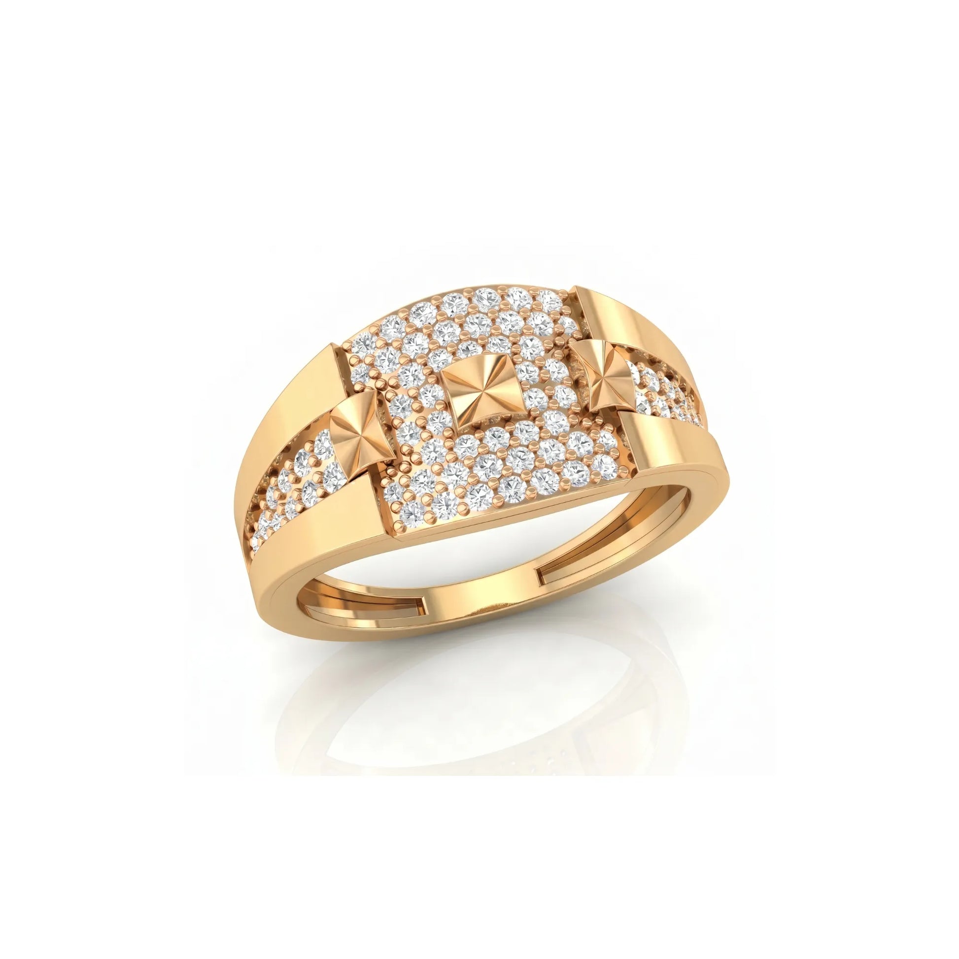 Gold ring with diamond accents on a white background