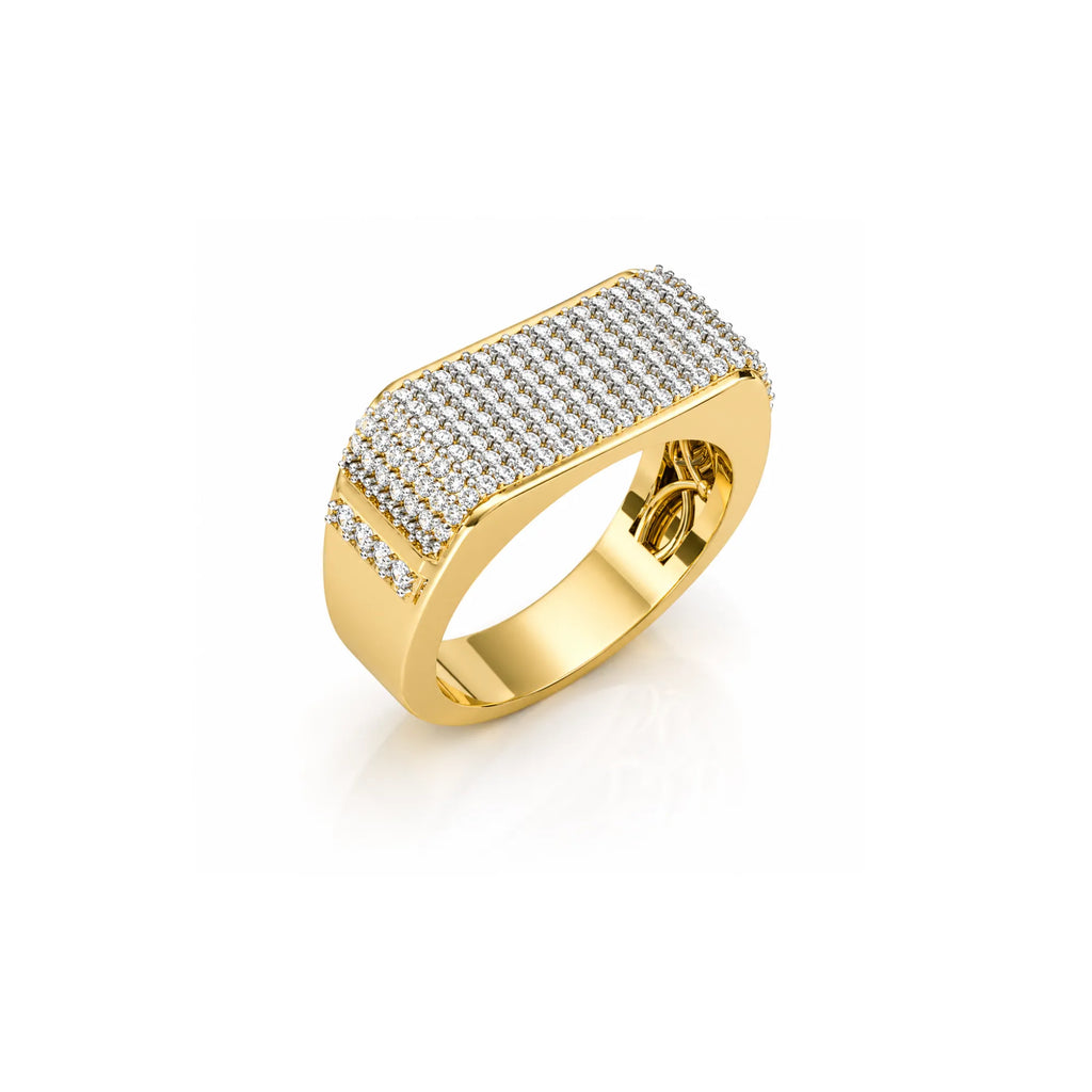 Gold ring with diamond accents on a white background