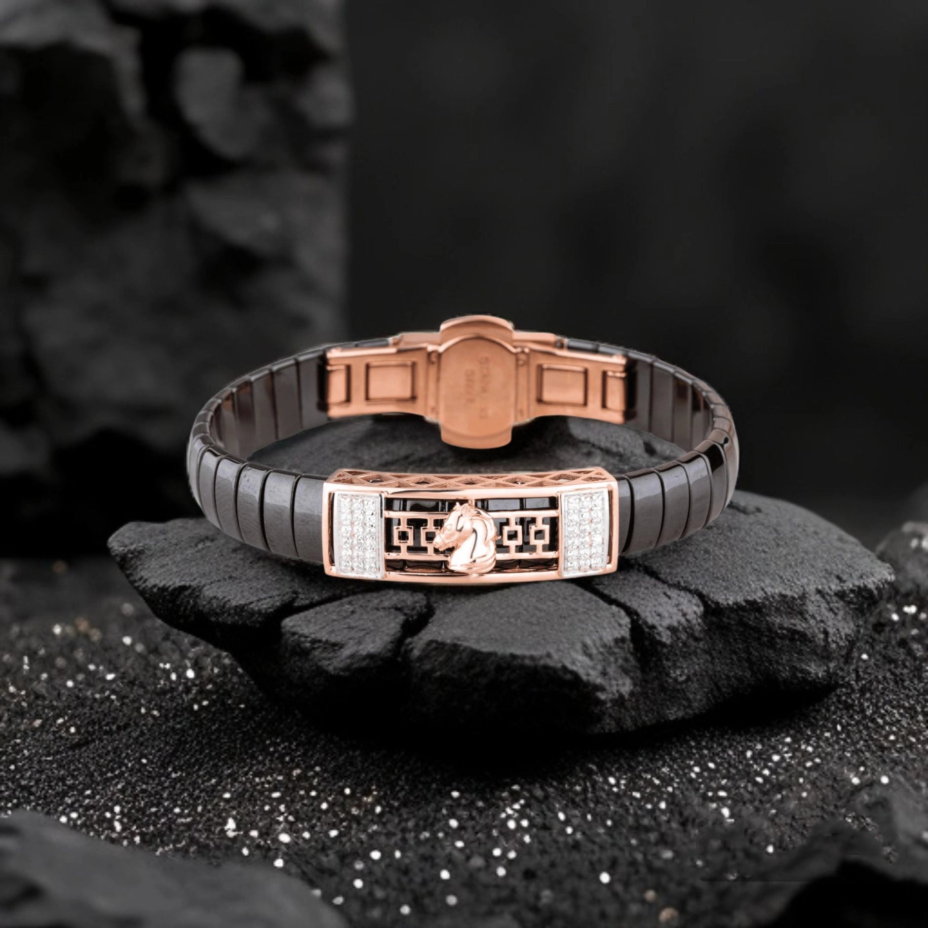 925 Silver Horse Motif Men's Ceramic Bracelet – Rose Gold
