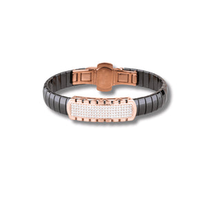 925 Silver Men's Black Ceramic Bracelet with Rose Gold and Diamond Detailing