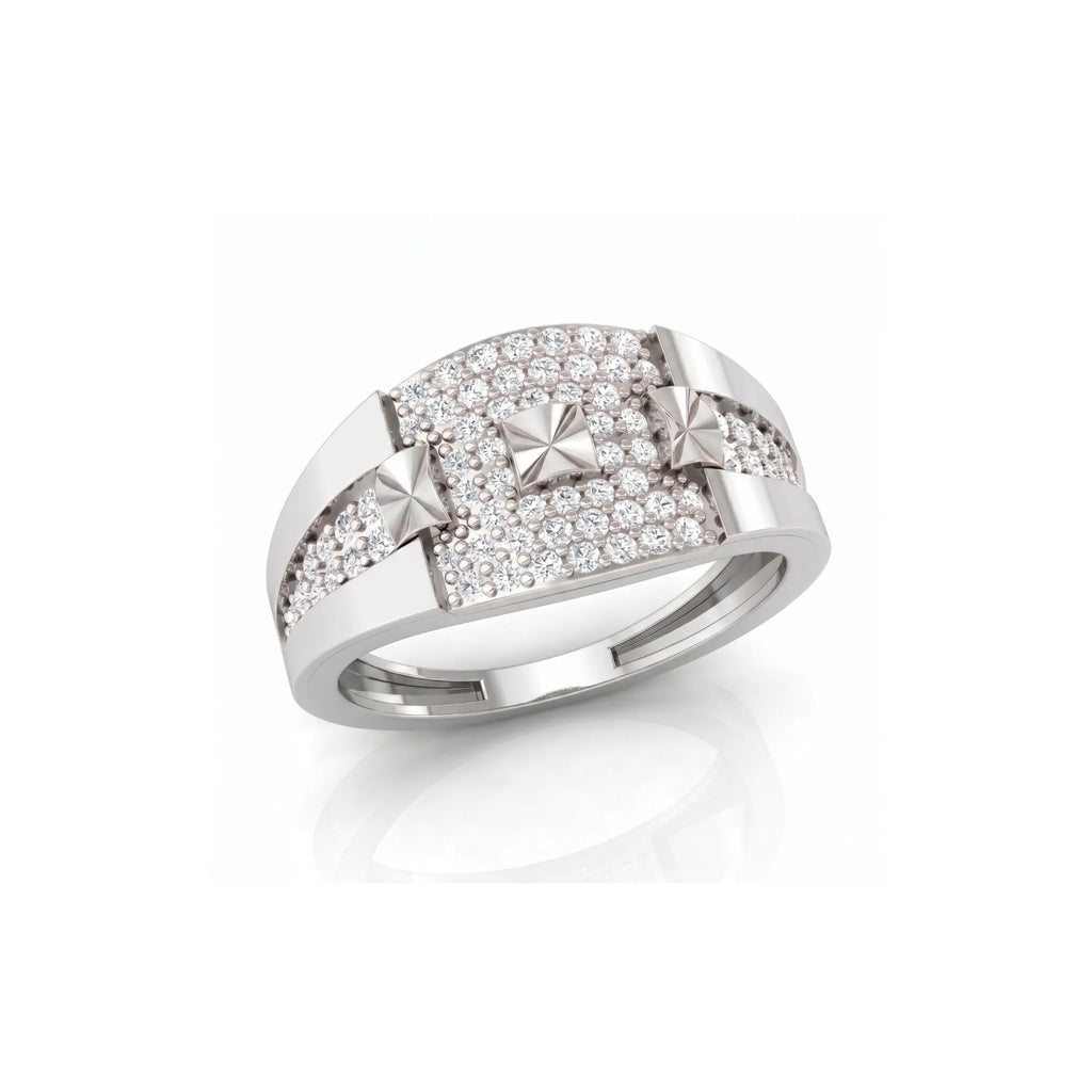 Silver ring with diamond accents on a white background
