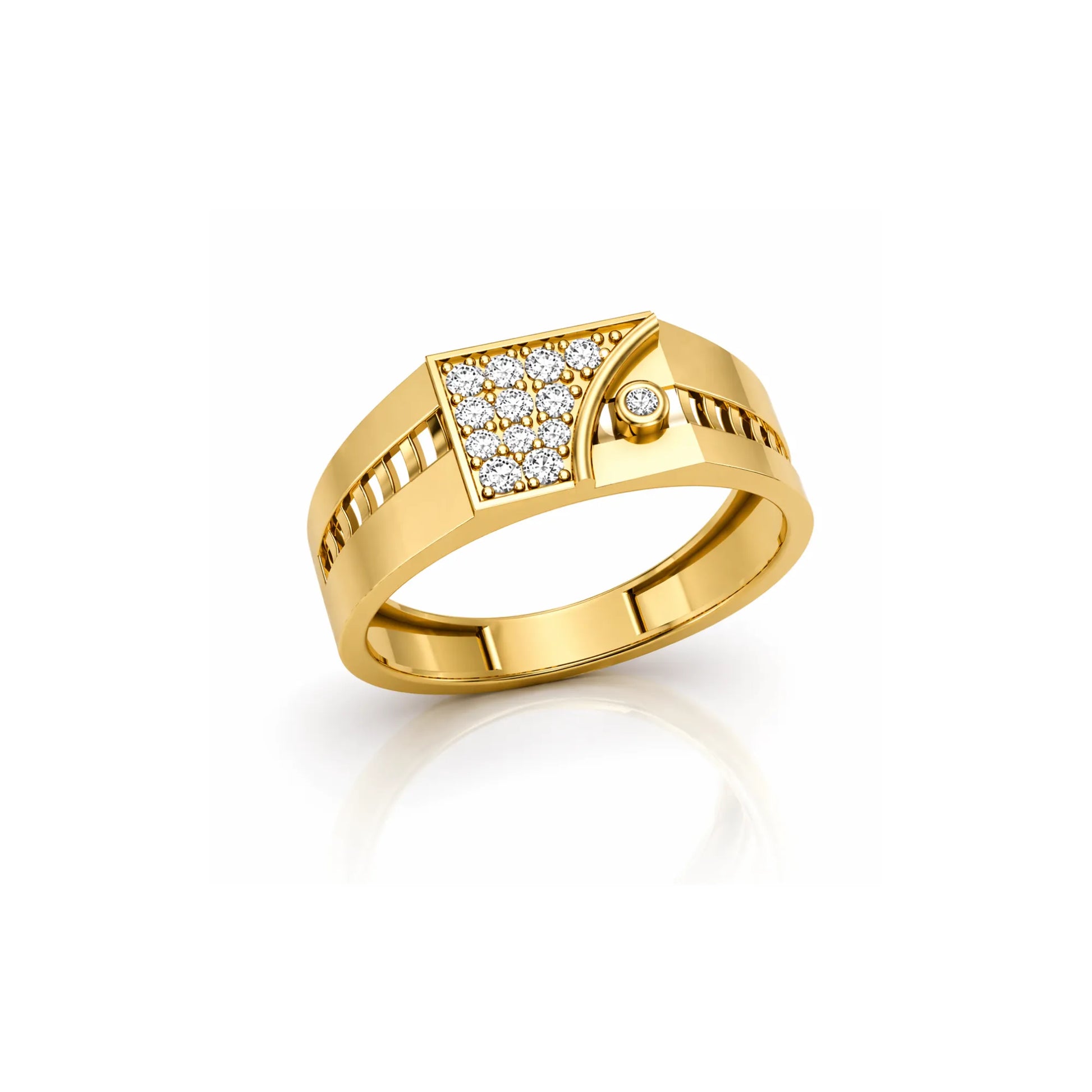 Gold ring with diamond accents on a white background