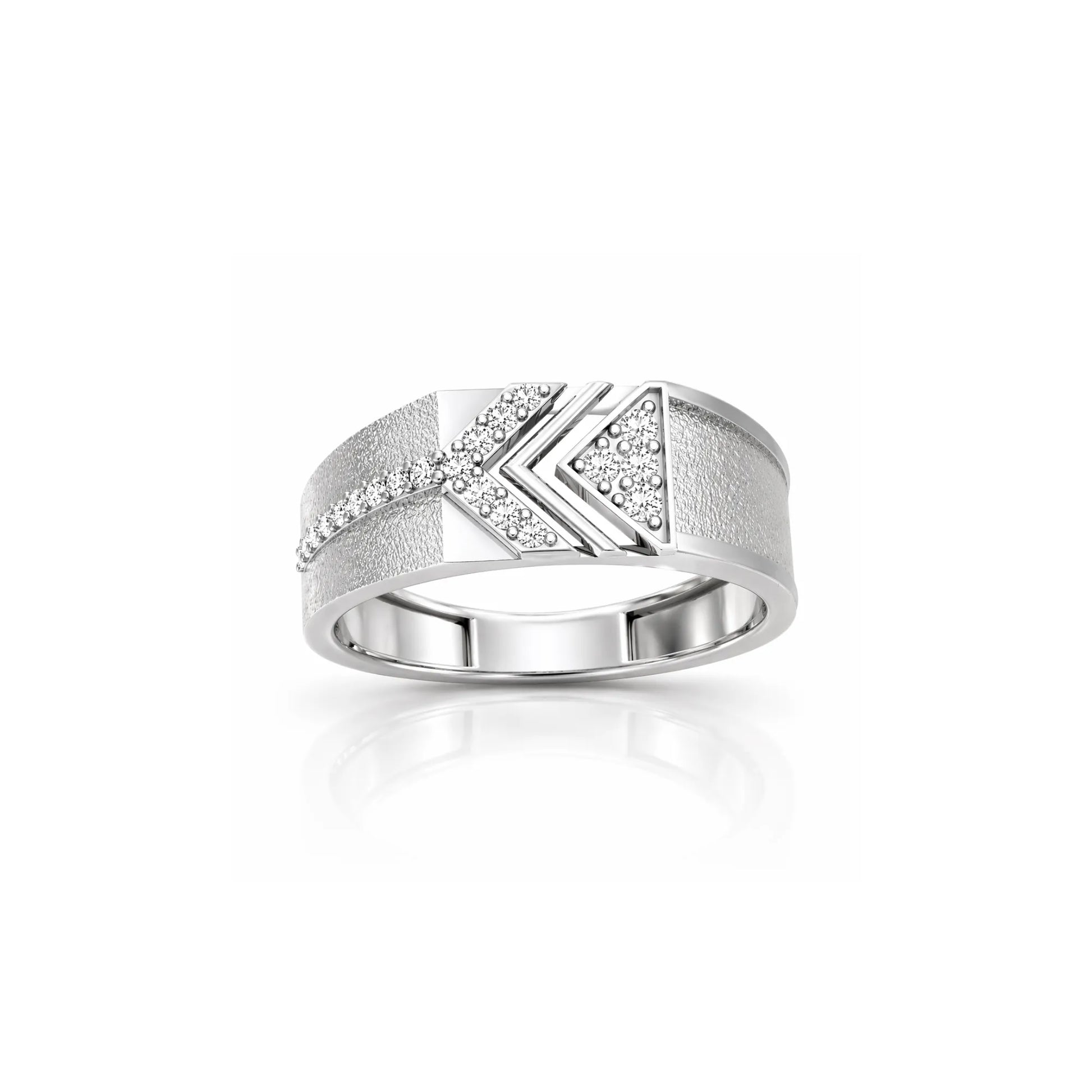 Silver ring with geometric design on a white background