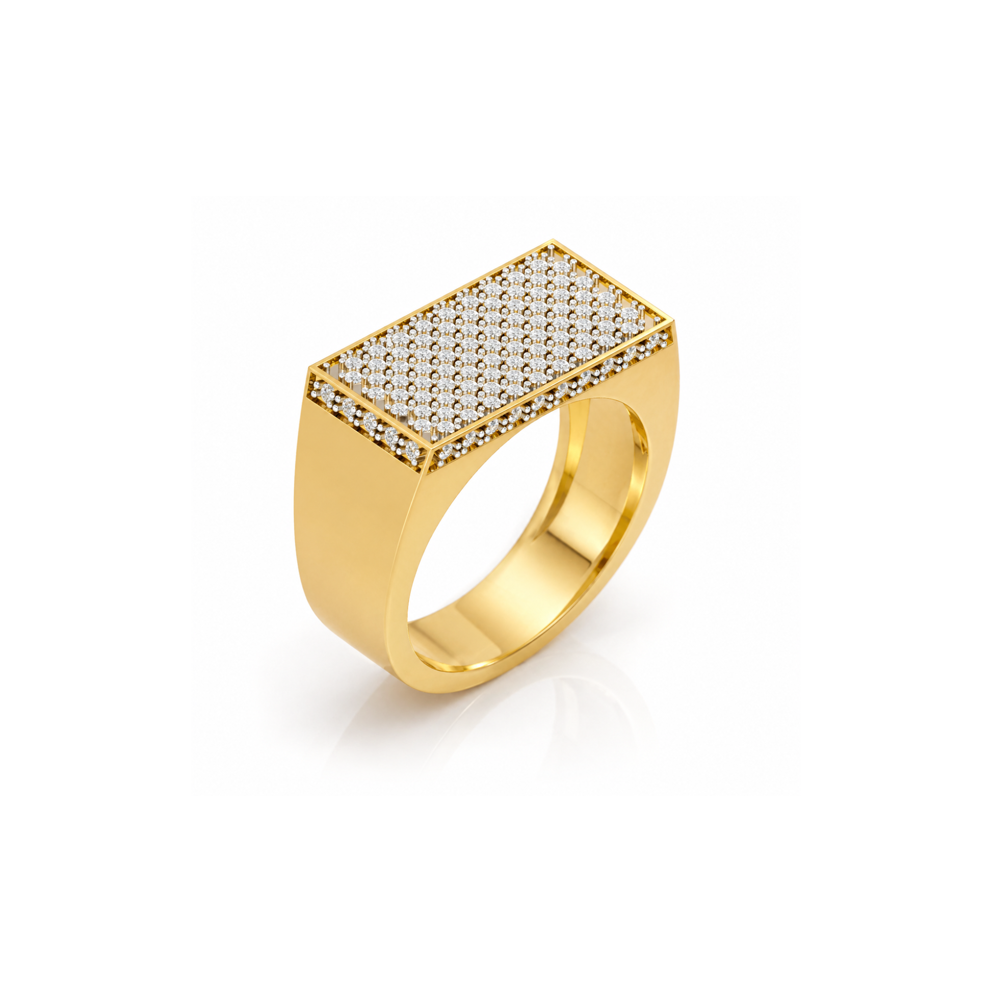 Gold ring with diamond-studded square top on a white background
