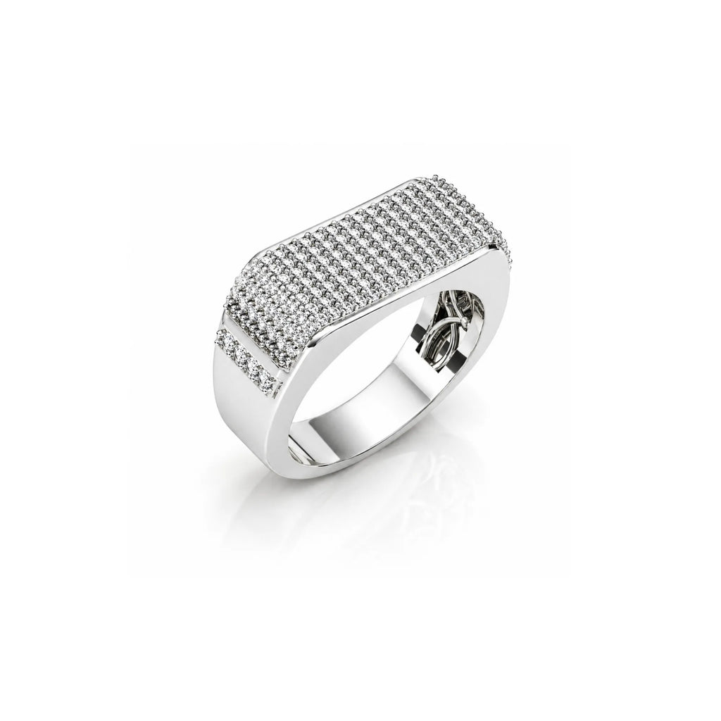 Silver ring with diamond accents on a white background