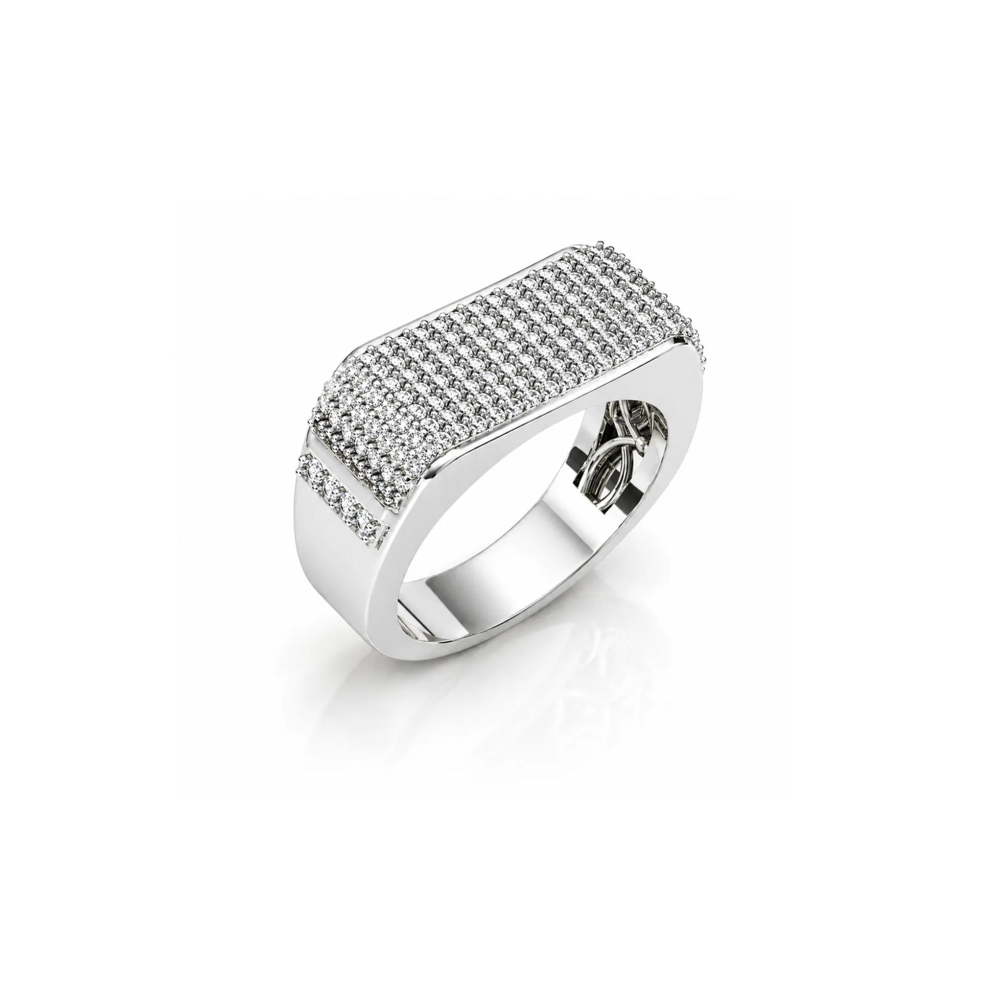 Silver ring with diamond accents on a white background