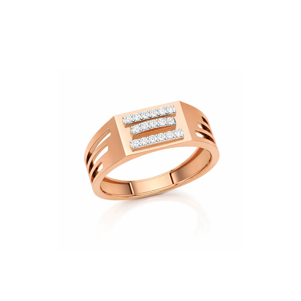 Rose gold ring with diamond accents on a white background