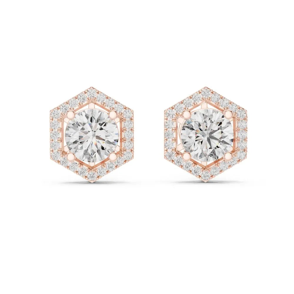 ORYNIO Architectural Hexagon Halo Solitaire Stud Earrings in 925 Sterling Silver