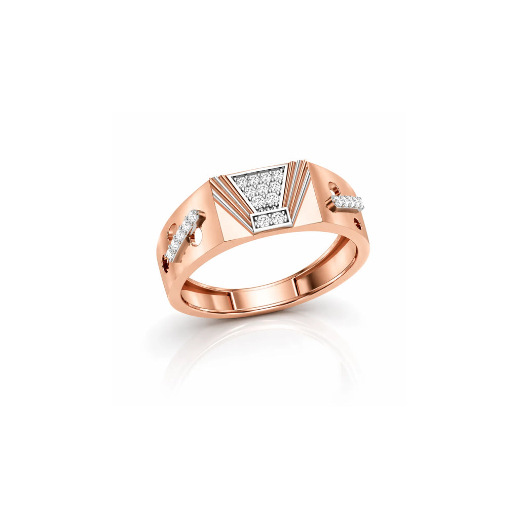 Rose gold ring with diamond accents on a white background