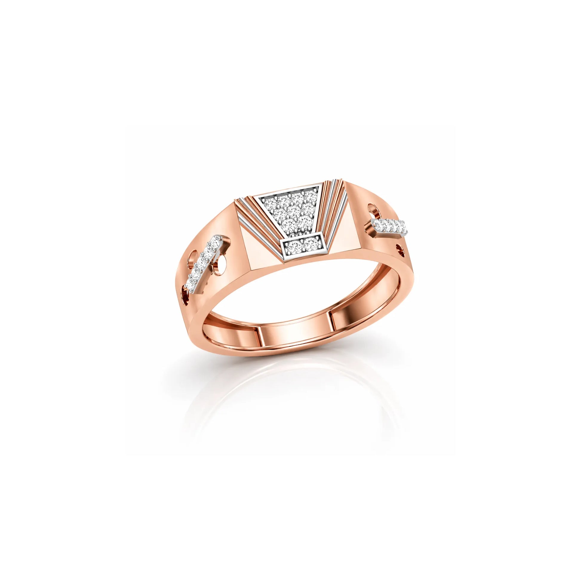 Rose gold ring with diamond accents on a white background