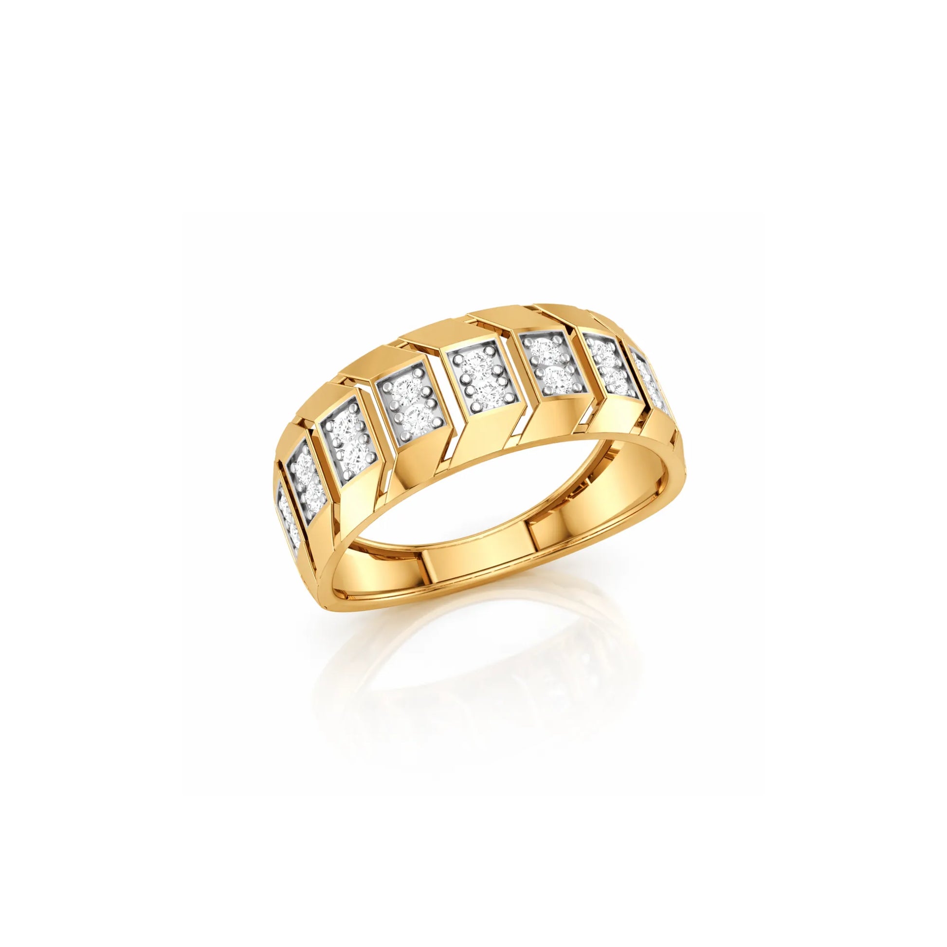 Gold ring with diamond accents on a white background