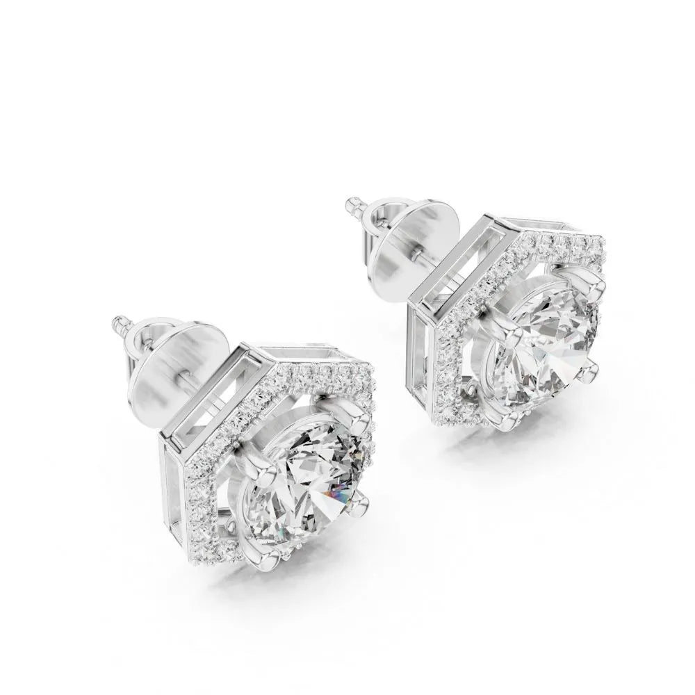 ORYNIO Architectural Hexagon Halo Solitaire Stud Earrings in 925 Sterling Silver