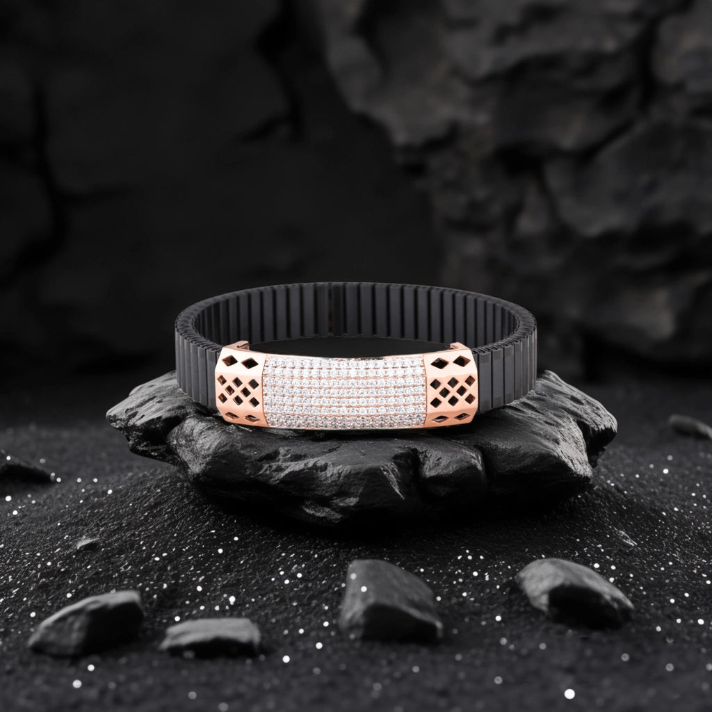 
925 Silver Full Diamond & Kaju Katli Design Men's Rolex Bracelet with Rose Gold Pleating
