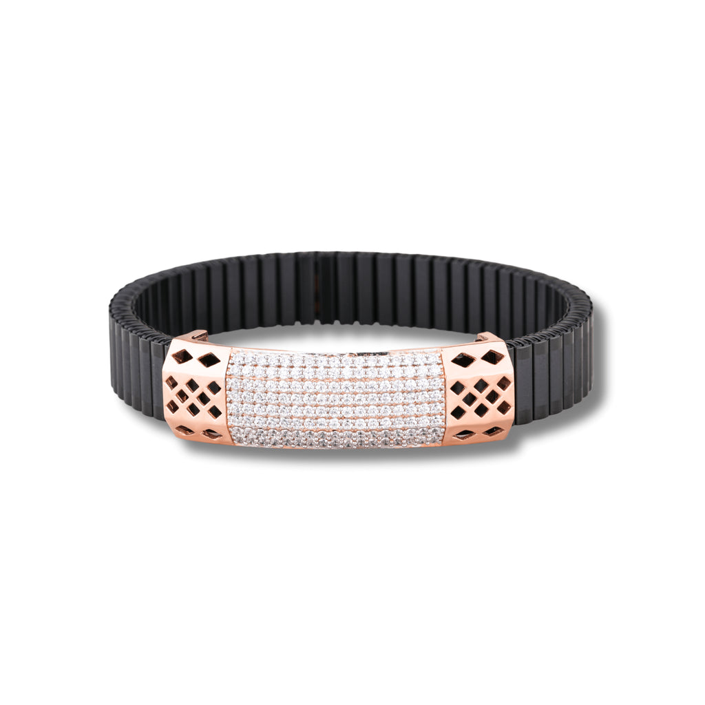 
925 Silver Full Diamond & Kaju Katli Design Men's Rolex Bracelet with Rose Gold Pleating