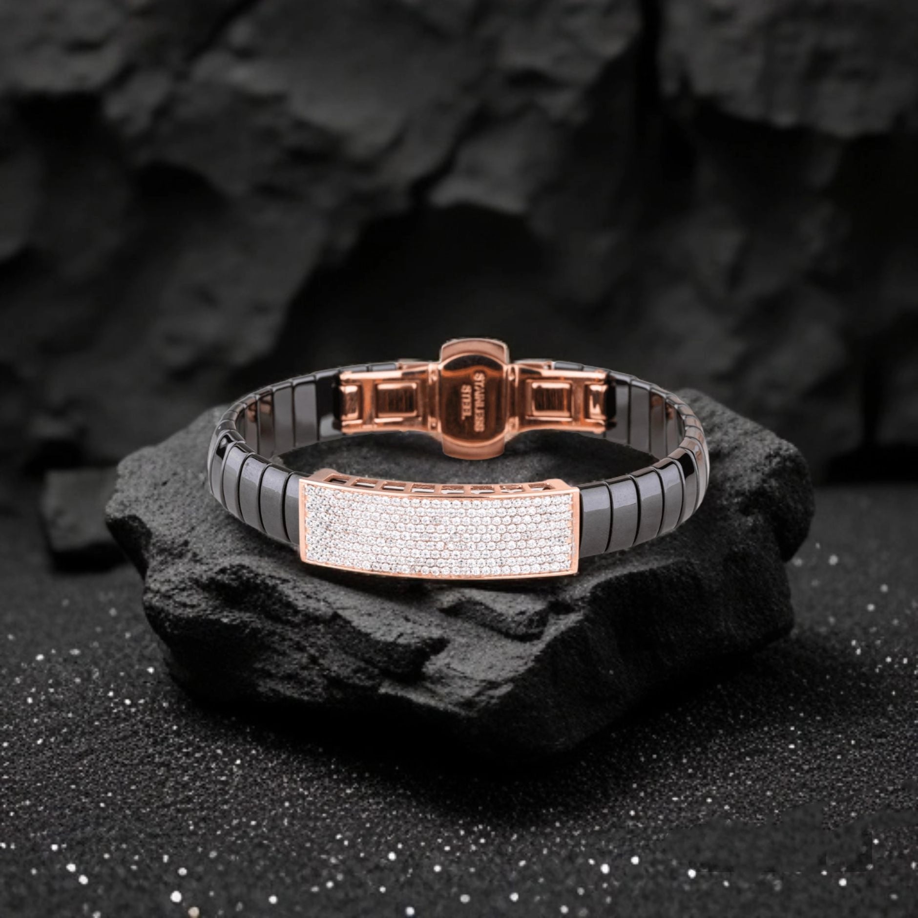 Luxury Black Ceramic Bracelet with Rose Gold and Diamond-Studded Accents