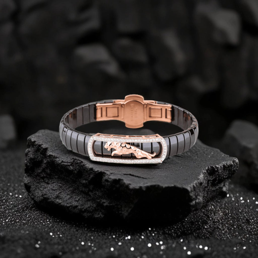 Luxury Black Ceramic Panther Bracelet with Rose Gold and Diamond Accents