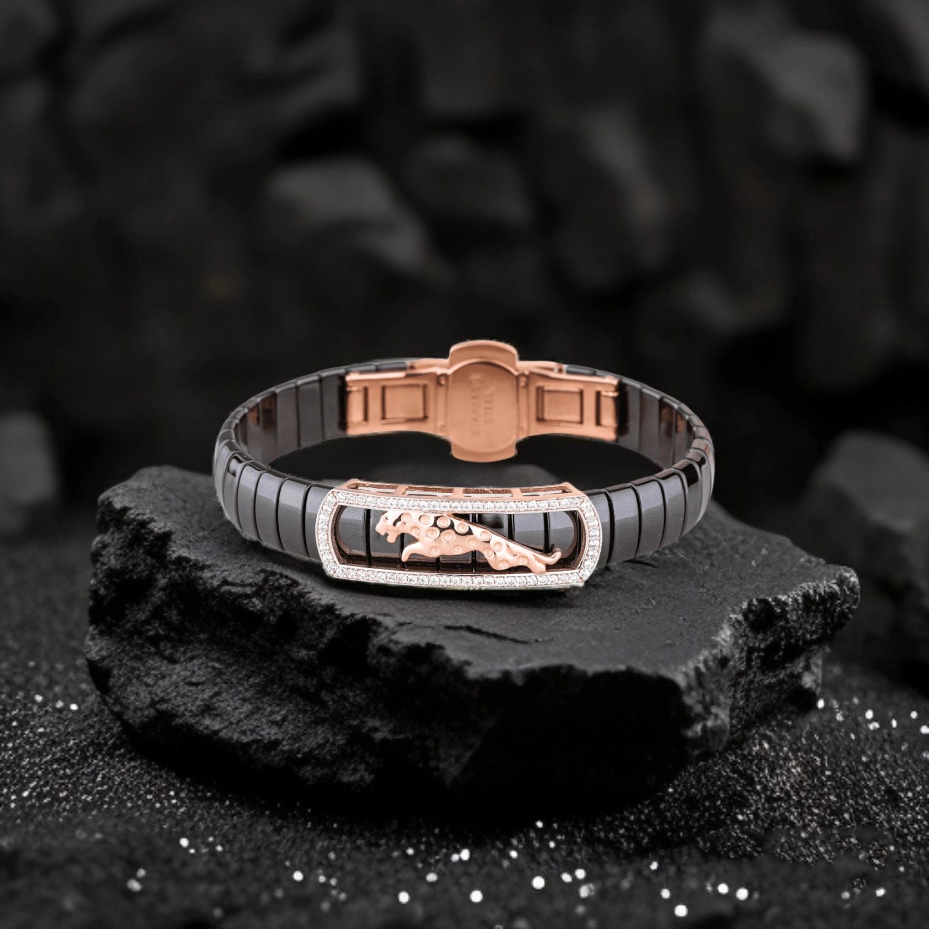 Luxury Black Ceramic Panther Bracelet with Rose Gold and Diamond Accents
